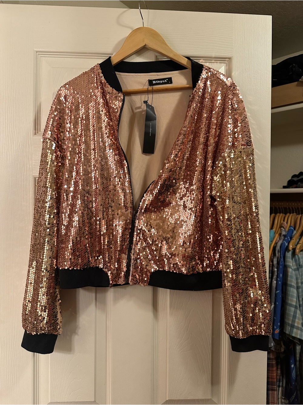 Allegra K Rose Gold Sequin Bomber Jacket